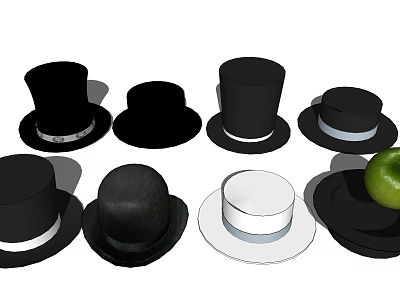 Various Black and White Hats in Different Styles with Green Apple 3d model