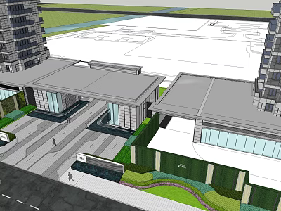Modern Sales Office Building With Glass Curtain Walls Contemporary Roof Design Surrounding Landscaping and Driveway 3d model