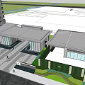 Modern Sales Office Building With Glass Curtain Walls Contemporary Roof Design Surrounding Landscaping and Driveway