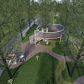 Outdoor Children's Play Area With Tall Trees Green Grass And Play Structures
