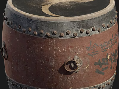 Traditional Musical Instrument Wooden Drum With Metal Rivets And Hand Painted Surface Patterns 3d model