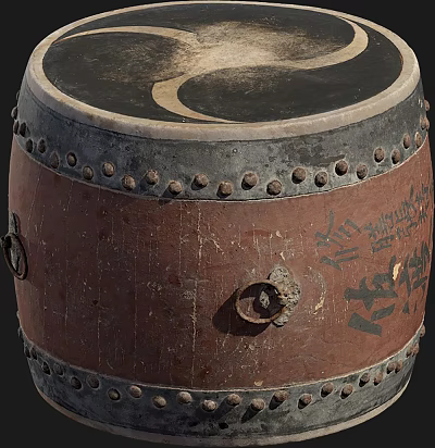 Traditional Musical Instrument Wooden Drum With Metal Rivets And Hand Painted Surface Patterns 3d model