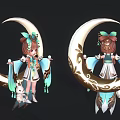 Cute Anime Game Character in Blue and White Outfit with Bow and Rabbit on Moon Crescent