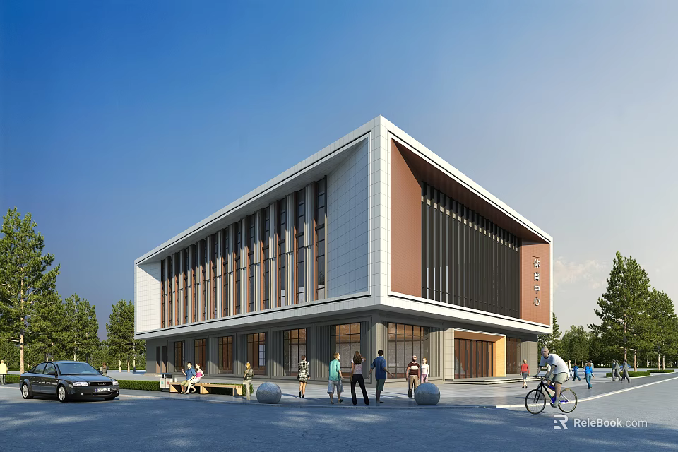 Modern Style Building Exterior Featuring White Brown Facade Urban Pedestrians Cyclist And Car 3d model 