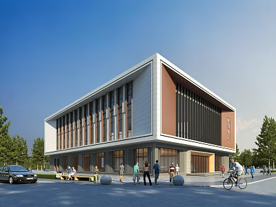 Modern Style Building Exterior Featuring White Brown Facade Urban Pedestrians Cyclist And Car 3d model