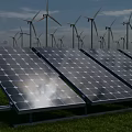 Solar Panels And Wind Turbines In Renewable Energy Setup With Green Grass