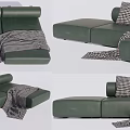 Modern Green Sectional Sofa With Checkered Pillows And Soft Throw Blanket 3d model