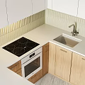 Light Oak Kitchen Cabinets With White Upper Units Vertical Striped Tile Backsplash And Oven Countertop