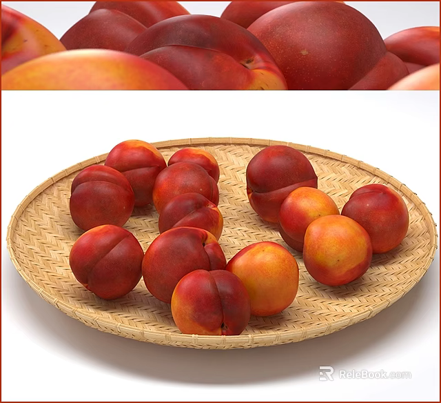 Fresh Ripe Nectarines Arranged on a Natural Wicker Plate Displayed on White Background 3d model 
