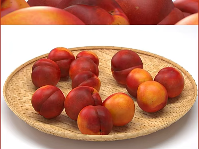 Fresh Ripe Nectarines Arranged on a Natural Wicker Plate Displayed on White Background 3d model