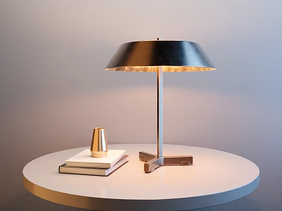 Contemporary Metal Table Lamp Illuminated On White Round Table With Books And Golden Decor 3d model