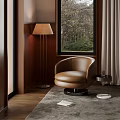 Brown Leather Accent Chair with Floor Lamp Wooden Wall and Tree View Window