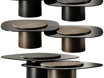 Modern Coffee Table Designs With Wooden Black Cylindrical Bases And Round Tops 3d model