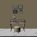 Black Dressing Table And Beige Patterned Stool Set With Framed Paintings On Beige Wall 3d model
