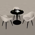 Stylish Round Black Table With Three Light Fabric Chairs And Decorative Items 3d model