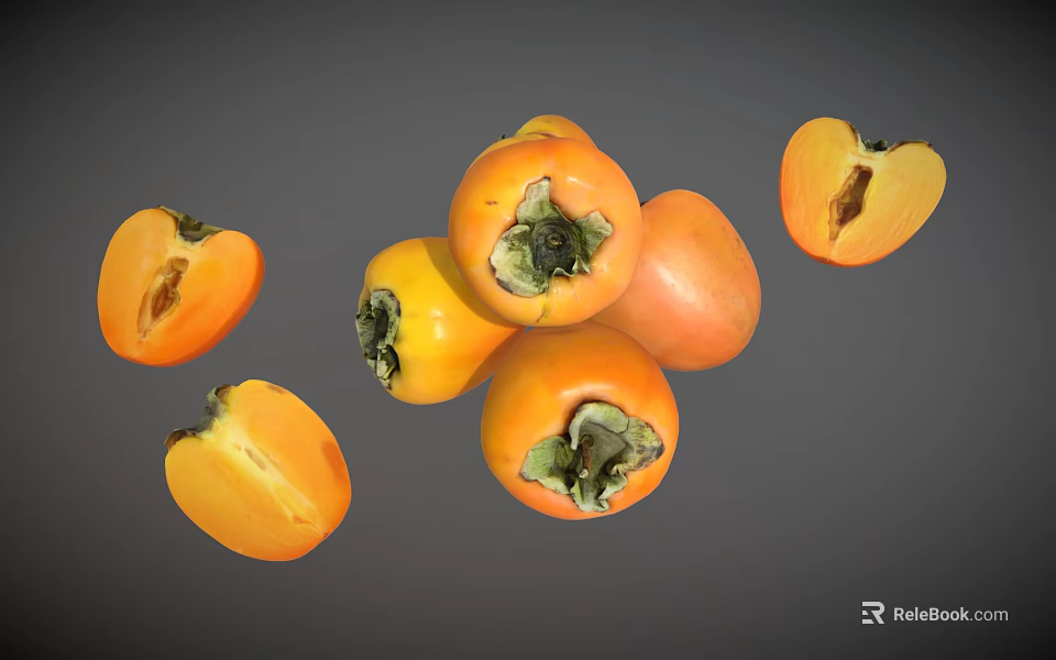 Several Ripe Fresh Orange Persimmons Whole And Sliced On Gray Background 3d model 