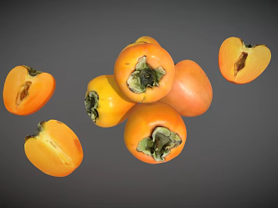 Several Ripe Fresh Orange Persimmons Whole And Sliced On Gray Background 3d model