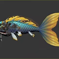 Ornate Mythical Aquatic Fish With Blue Gray Body Yellow Fins Tail Dragon Horns White Whiskers