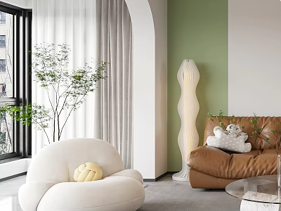 White Round Leisure Chair In Modern Living Room With Green Plants And Brown Sofa 3d model