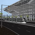 Modern Transport Hub Building With Metal Framework Tram And Palm Trees On Wet Road