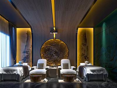Luxury Foot Massage Spa Room Featuring Comfortable Chairs And Round Wall Art 3d model