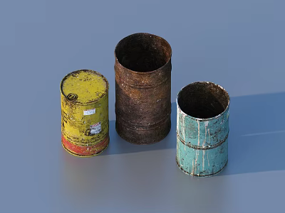 Three Rusty Vintage Metal Barrels In Yellow Brown And Teal For Household Supplies 3d model
