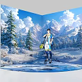 Anime Themed Photo Check in Spot With Castle Cherry Blossom Trees Snowy Mountains