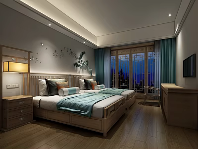 Modern Hotel Guest Room With Twin Beds Wooden Furniture Teal Curtains And Night View 3d model