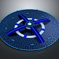 Cartoon Scene Round Blue Structure With White Ring Blue Blades Textured Surface And Glowing Center