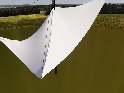 Garden Landscape With White Shade Sail Green Grass Trees And Distant Hills 3d model