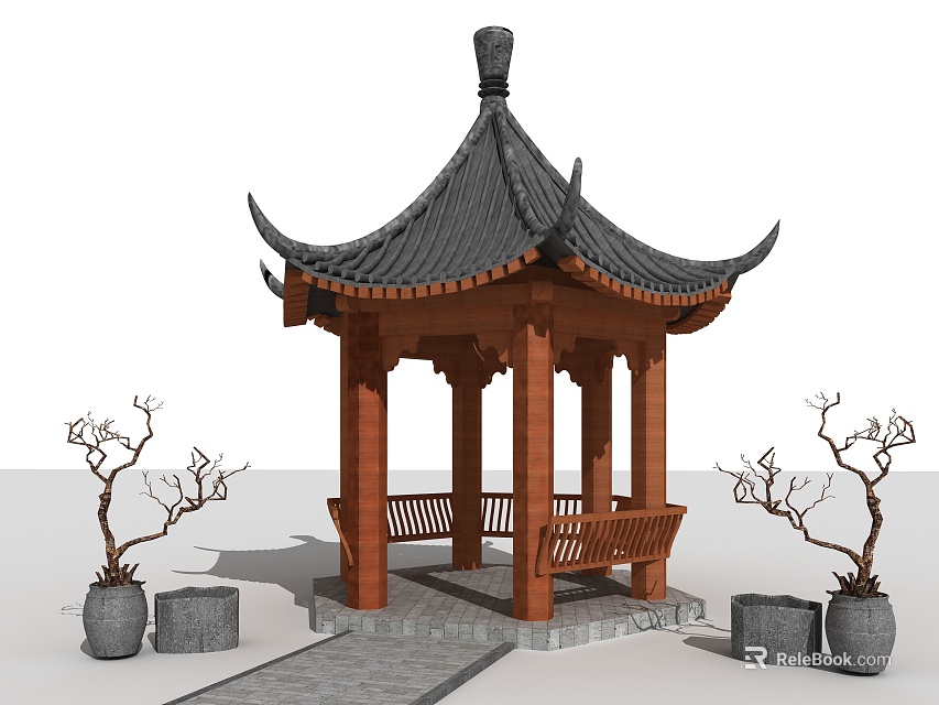 Traditional Chinese Pavilion with Wooden Structure Black Tiled Roof and Stone Stools 3d model 