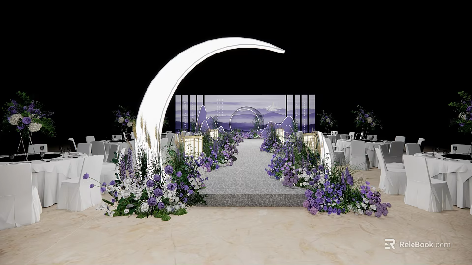 Elegant Banquet Hall Featuring Purple Flowers White Curved Arch and Decorative Tables 3d model 