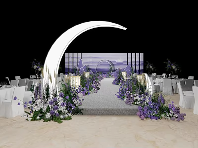 Elegant Banquet Hall Featuring Purple Flowers White Curved Arch and Decorative Tables 3d model