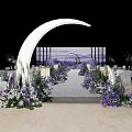 Elegant Banquet Hall Featuring Purple Flowers White Curved Arch and Decorative Tables