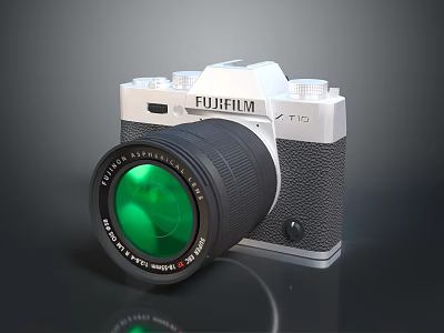 Fujifilm X T10 Digital Camera Featuring Green Lens And Silver Black Body Design 3d model
