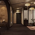 Traditional Chinese Living Room Interior With Wooden Structure Lanterns Screens Carpets And Furniture