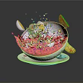 Vibrant Soup Bowl With Pink Broth Splashing Green Herbs Egg And Crusty Bread