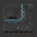 Industrial Style Building With Blue Roof Red Borders Pipes Stairs And Exterior Equipment