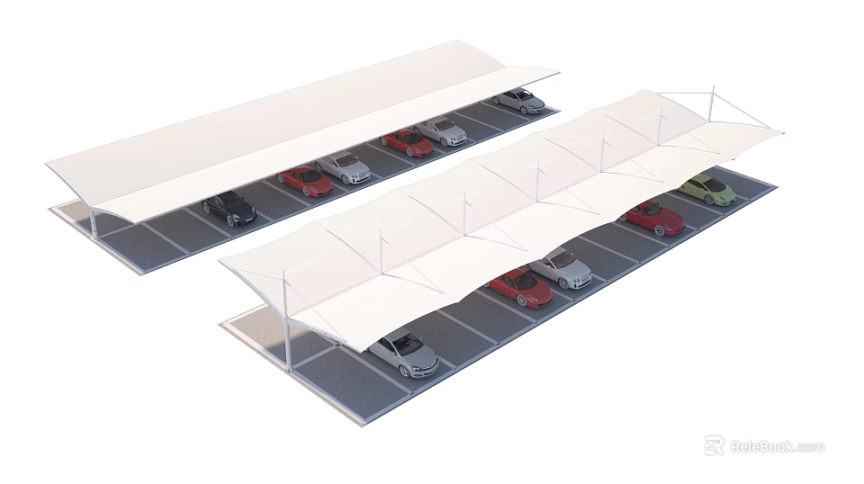 Carport Sunshade Shelter For Outdoor Parking Lot With Multiple Cars And White Canopy 3d model 