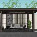 Modern Sunroom Design With Lattice Wall Green Plants Sofa And Stone Wall
