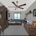 Cozy Hotel Guest Room With Wooden Wardrobe Bed Ceiling Fan Leather Sofa And Decorative Paintings