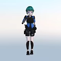 Woman with Green Hair and Blue Eyes in Blue Top Black Shorts and Tactical Gear