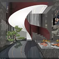 Elegant Red Spiral Staircase With White Lighting Green Plants And Marble Floor In Modern Interior