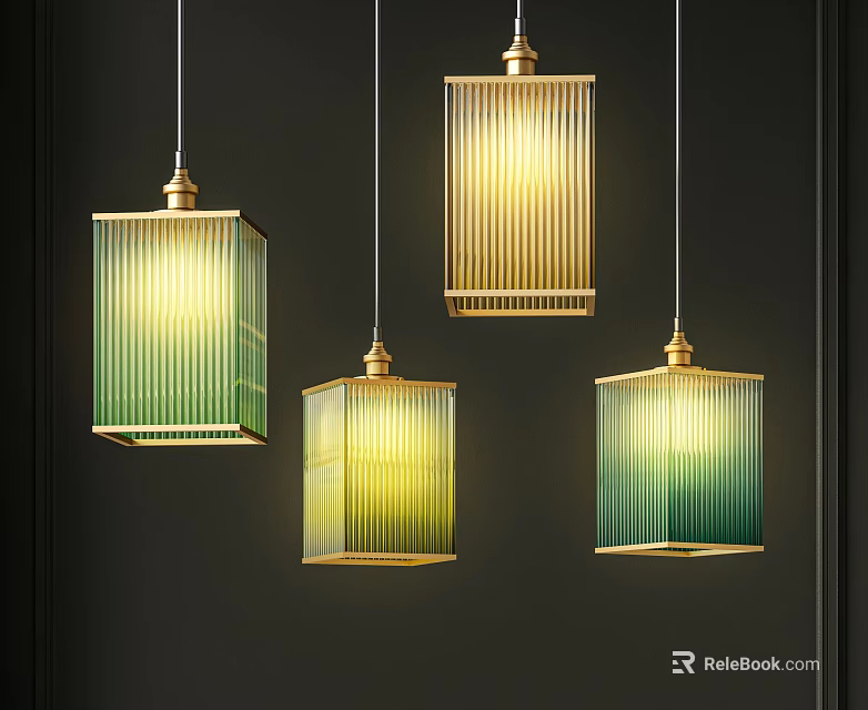 Modern Decorative Pendant Lights With Green Yellow Striped Design And Golden Frame 3d model 