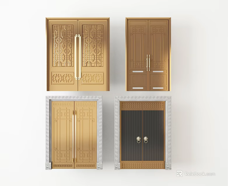 Elegant Double Doors With Ornate Carvings Stylish Handles And Diverse Finishes 3d model 