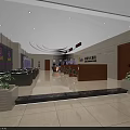 Spacious Modern Service Hall Interior With Waiting Chairs Service Counters Wall Posters And Ceiling Lights