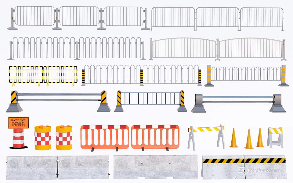 Different Types of Metal Fences and Temporary Traffic Barriers with Road Cones 3d model 