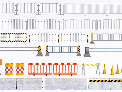 Different Types of Metal Fences and Temporary Traffic Barriers with Road Cones 3d model