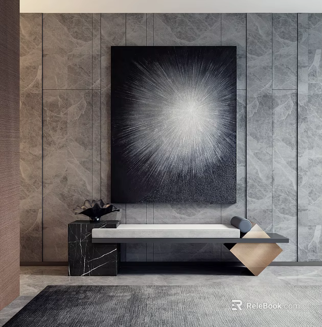 Sleek Console Table With Black Marble Top And Artwork Against Gray Stone Wall 3d model 