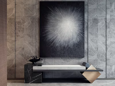 Sleek Console Table With Black Marble Top And Artwork Against Gray Stone Wall 3d model